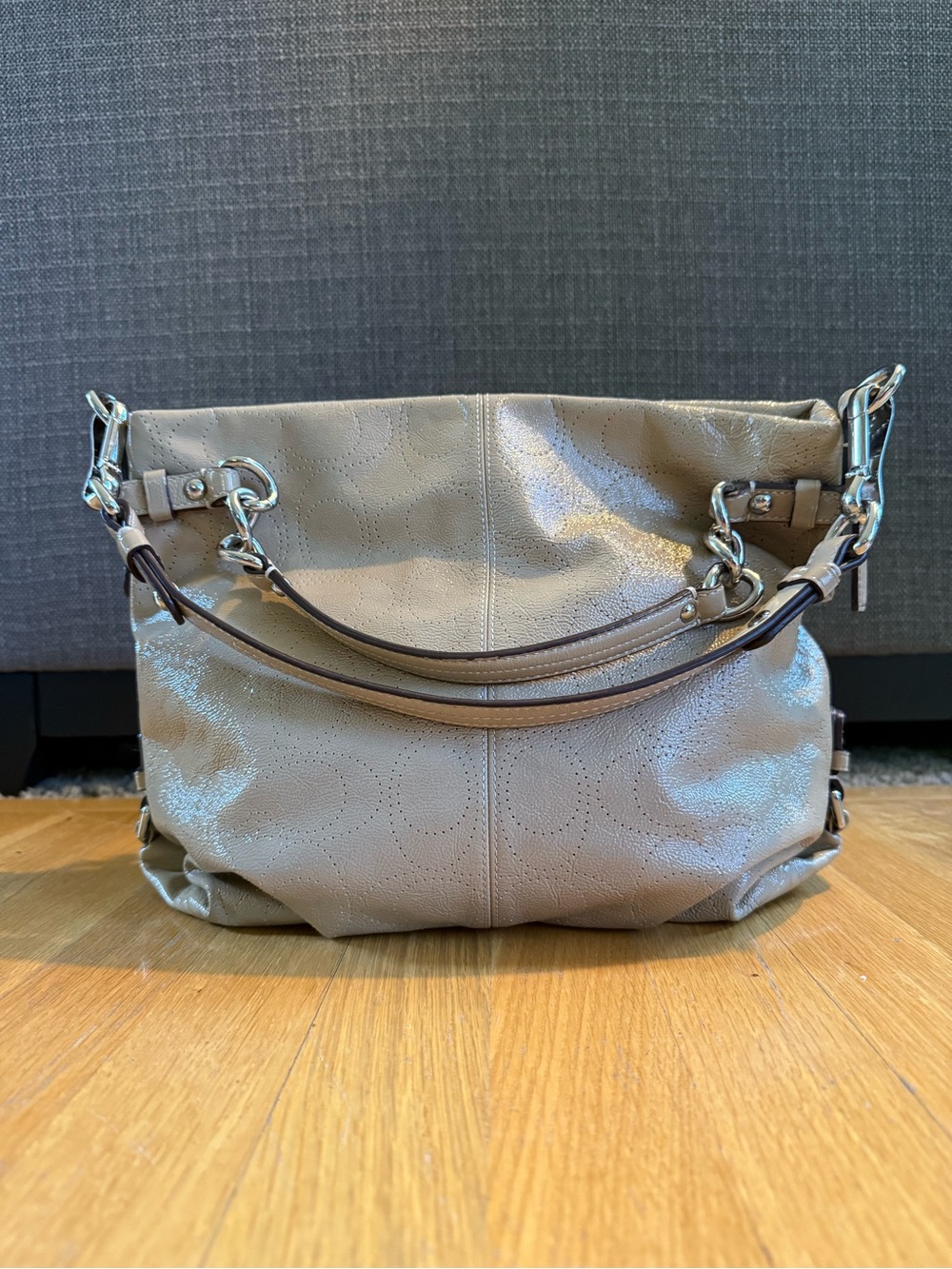 Coach Patent Perforated Brooke Shoulder Bag | Silver & Putty Color Purple Lining